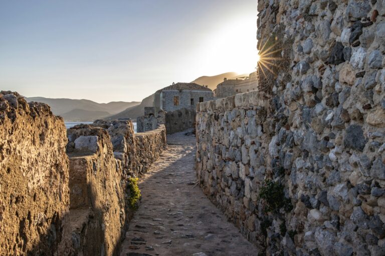 Stone pathway in Monemvasia Greece at sunset